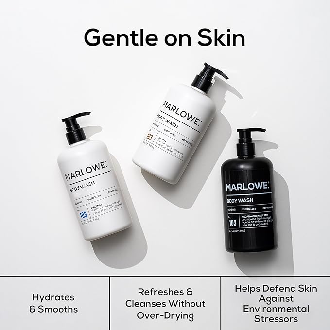 MARLOWE. No. 103 Body Wash 15 oz Pump, Santal, Energizing & Refreshing Shower Gel, Willow Bark & Green Tea Extracts, Cleanses, Moisturizes, Smooths & Nourishes, Warm Amber, Spice & Citron Scent