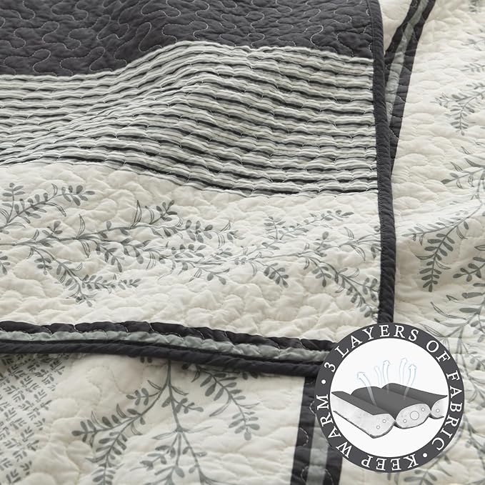 Stripe Quilts Queen Size - 100% Cotton Lightweight 3 Pieces Bedding Set, Vintage Vine Pattern Quilted Bedspread with 2 Pillow Shams, Farmhouse Printed Coverlet for All Season, Green/Gray