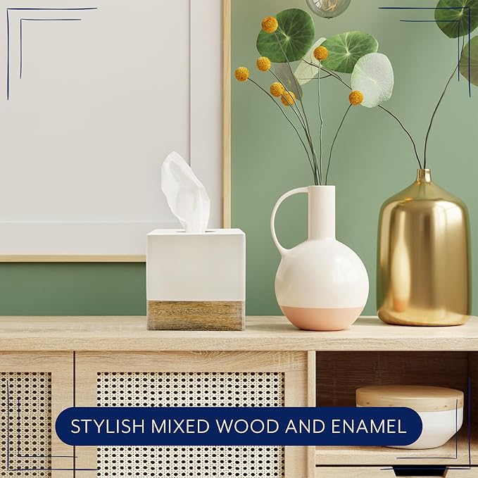 AuldHome Design Square Tissue Box Cover (Enamel/Mango Wood); Minimalist Scandinavian Decor White Cube Tissue Holder