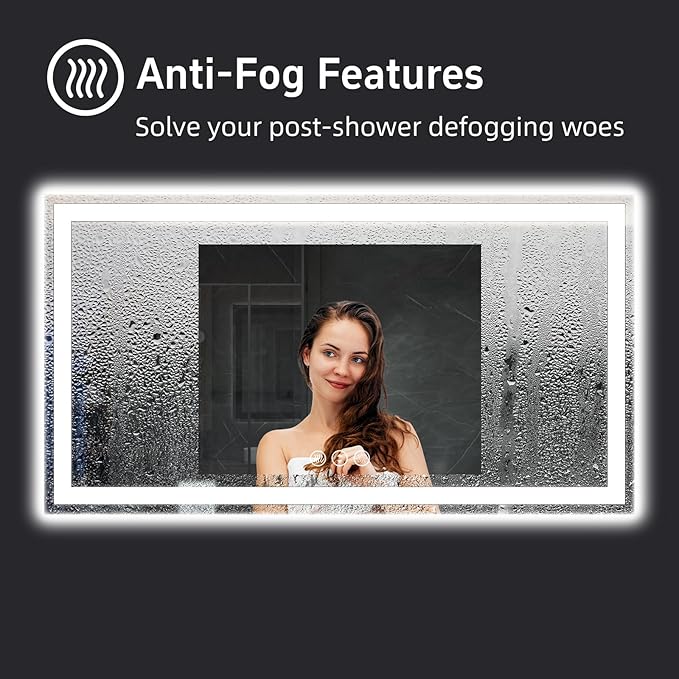 55"x 36" LED Bathroom Mirror with Lights, Double Lighting Sources Dimmable, Backlit + Front Lit, Anti-Fog, 3 Colors Lighted Bathroom Vanity Mirror for Wall Tempered Glass (Horizontal/Vertical)