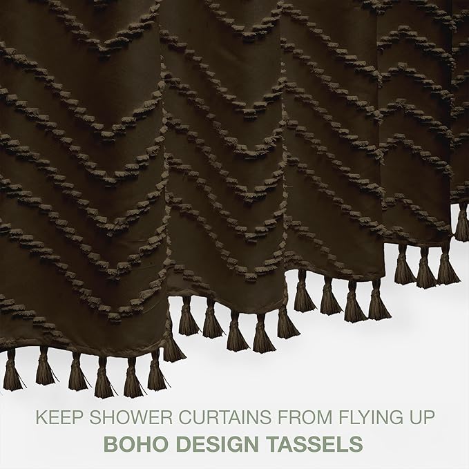 Extra Long Boho Shower Curtain, Woven Fabric 84 in Brown Shower Curtain, 72 x 84, Tufted Chevron Striped Modern Chic Textured Minimalist Bathroom