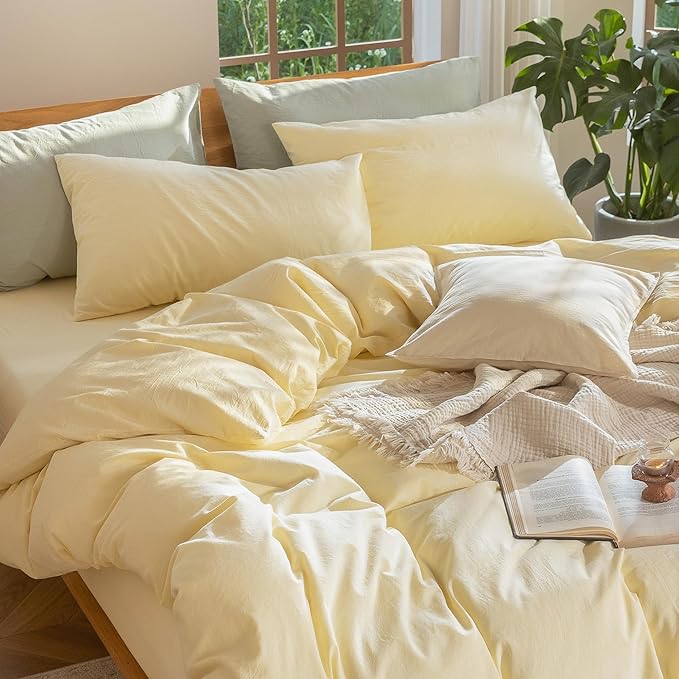 MooMee Bedding Duvet Cover Set 100% Washed Cotton Linen Like Textured Breathable Durable Soft Comfy (Heathered Butter Yellow, Full 80"x90")