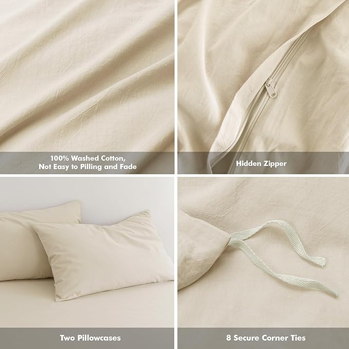 FOSSA Duvet Cover Set 100% Washed Cotton Linen Feel Super Soft Breathable Cozy 3 Pieces Bedding Sets Solid Almond Grey King