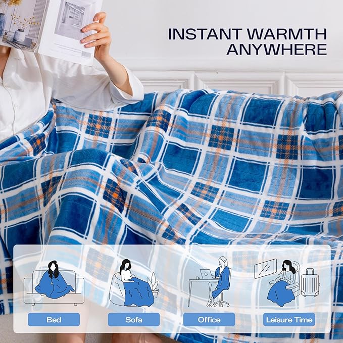 Electric Heated Blanket Twin - 62"x84" Heating Bed Blankets Throw with 10 Hours Auto Off 8 Fast Heating Levels Over-Heated Protection Soft Warm Flannel Sherpa Machine Washable ETL Certified Blue Plaid