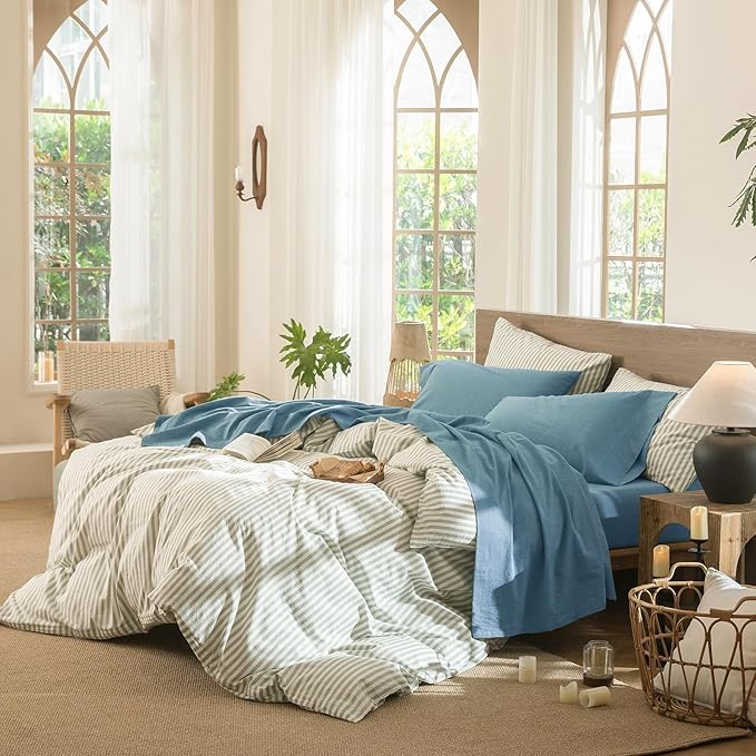 MooMee Bedding Sheet Set 100% Washed Cotton Linen Like Textured Breathable Durable Soft Comfy (Heathered Peacock Blue, King)