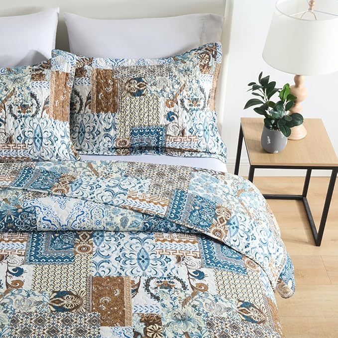 ENASAL Cotton Bedspread Quilt Bedding Sets Reversible Coverlet Comforters Blue Bohemian Rustic Floral Patchwork Pattern Bedspread for All Season,King Size
