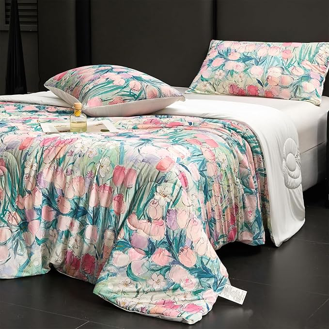 Cyusri Floral Print Cooling Comforter Set 2Pcs Breathable Cool Twin Size Bedding Set with 1 Pillowcase Pink Tulip Pattern Silky Cold Quilt, 68"x90"