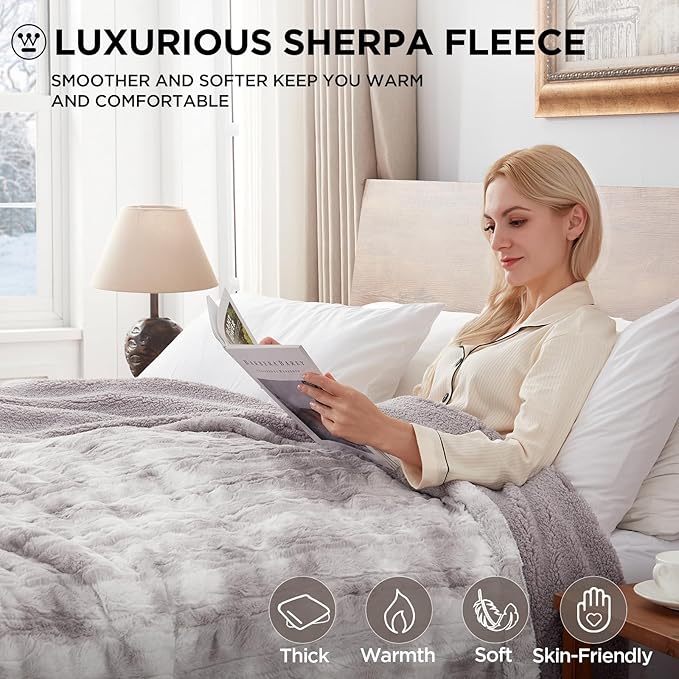 Westinghouse Electric Blanket Full, Faux Fur Heated Blanket with 10 Heating Levels & 1-12 Hours Auto Off, Soft Cozy Sherpa Heated Blanket Washable Blanket (80" x 84" Full Size, Light Grey)