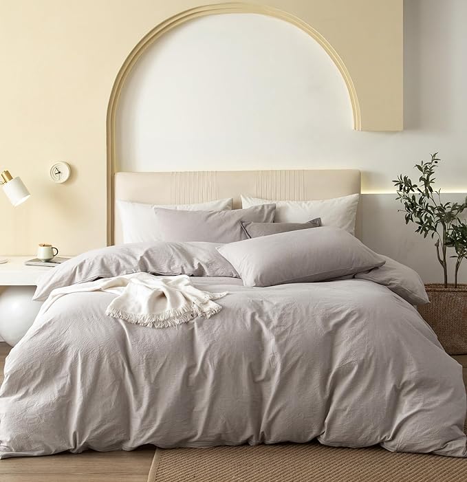 JIYUAN 100% Washed Cotton Duvet Cover Set 3 Pieces King, 1 Duvet Cover 104x90 Inches(Comforter Not Included) and 2 Pillowcases,Linen Feel Bedding Set Comfy and Breathable, Heathered Cream Grey