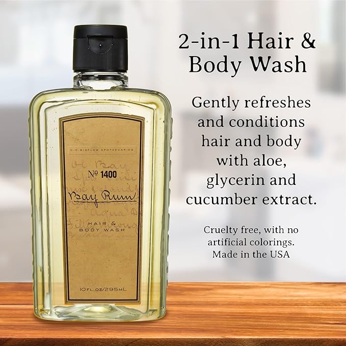 C.O. Bigelow Bay Rum Hair & Body Wash for Men, Pack of 2 Citrus Spice Scented Men's 2 in 1 Shampoo & Body Wash with Aloe Vera, 10 Fl Oz