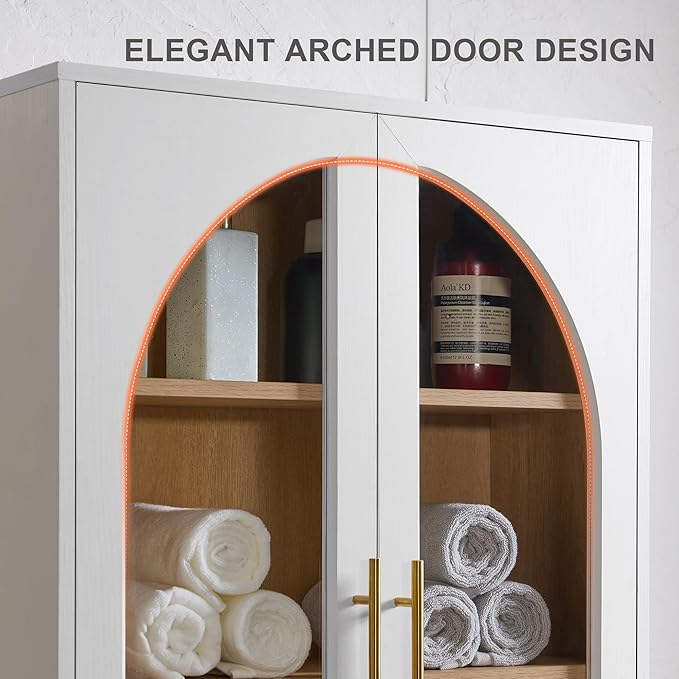 Bathroom Wall Cabinet, 23.5×31.4'' Storage Cabinet, Arched Cabinet Wall Mount with Adjustable Shelf & Glass Doors, Medicine Cabinet for Laundry Room, Bathroom, Kitchen, Living Room, Bedroom, White