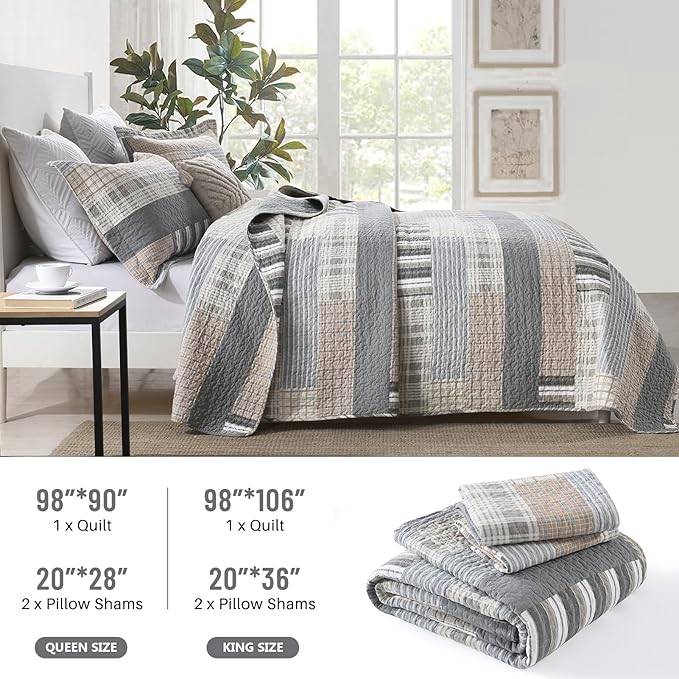 Farmhouse King Quilt Set - 100% Cotton Patchwork Striped Plaid King Size Quilt Bedspread, Grey Brown Beige Lightweight Reversible Coverlet Bedding Set with 2 Pillow Shams, All Season-98x90