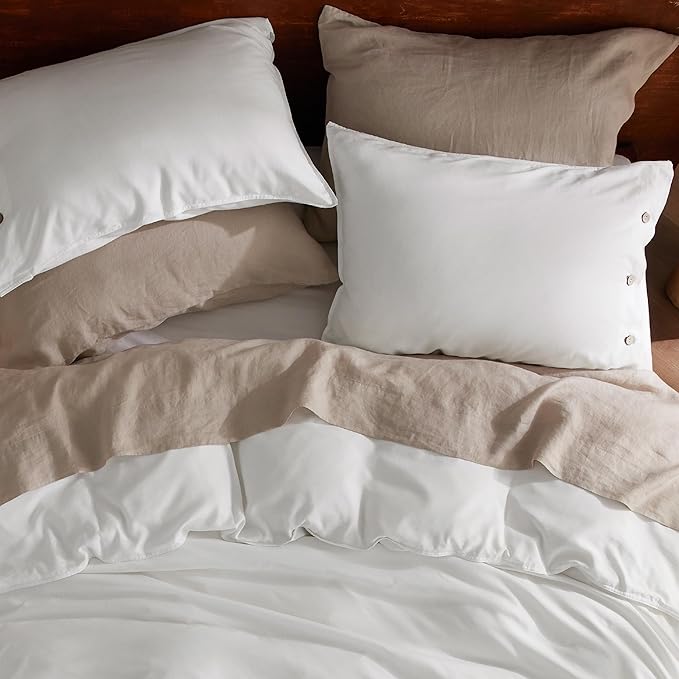 Bedsure Linen Duvet Cover Queen Size - Linen Cotton Blend Bedding Set, Soft & Cozy, 3 Pieces, 1 Duvet Cover 90x90 Inches and 2 Pillowcases, White Color Cooling Bedding, Comforter Sold Separately