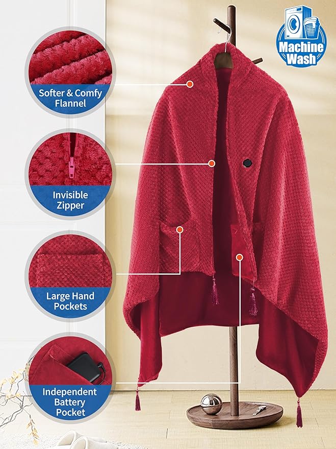 Electric Heated Blanket Battery Operated, Portable Heated Shawl for Neck and Shoulders and Back, Heating Blanket with Zipper and Pockets, 20000mAh, 3 Heating Levels, up to 8 Hours