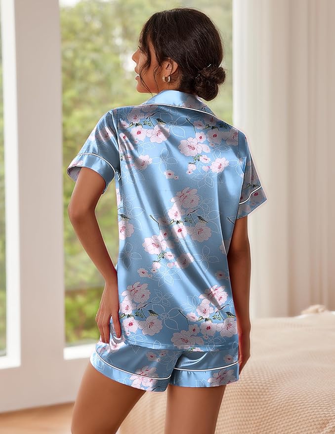 Ekouaer Pajamas for Women Set Silk Satin Pjs Shorts Sleepwear 2 Piece Loungewear S-XXL