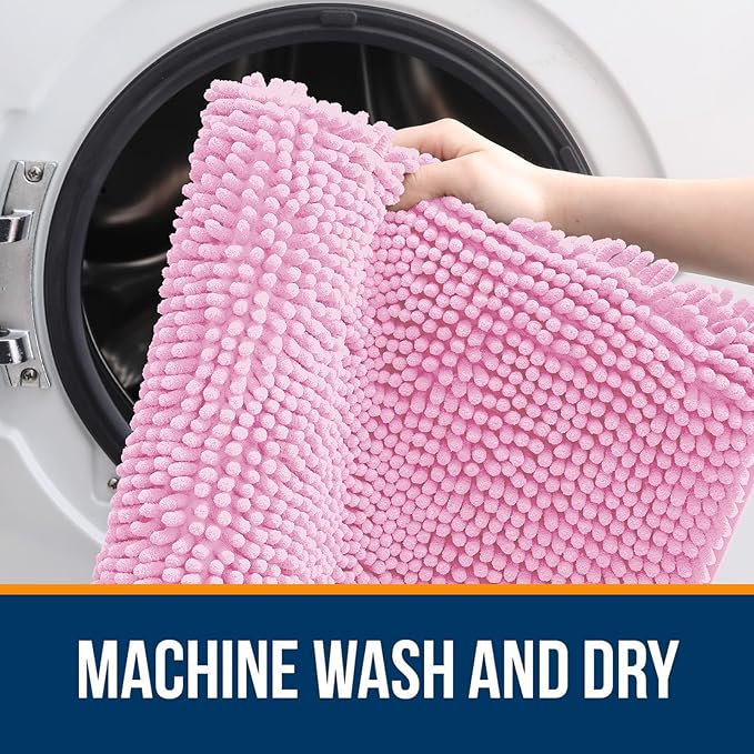OLANLY Bathroom Rugs 47x17, Extra Soft Absorbent Chenille Bath Rugs, Rubber Backing Quick Dry, Machine Washable Bath Mats for Bathroom Floor, Tub and Shower, Home Decor Accessories, Pink