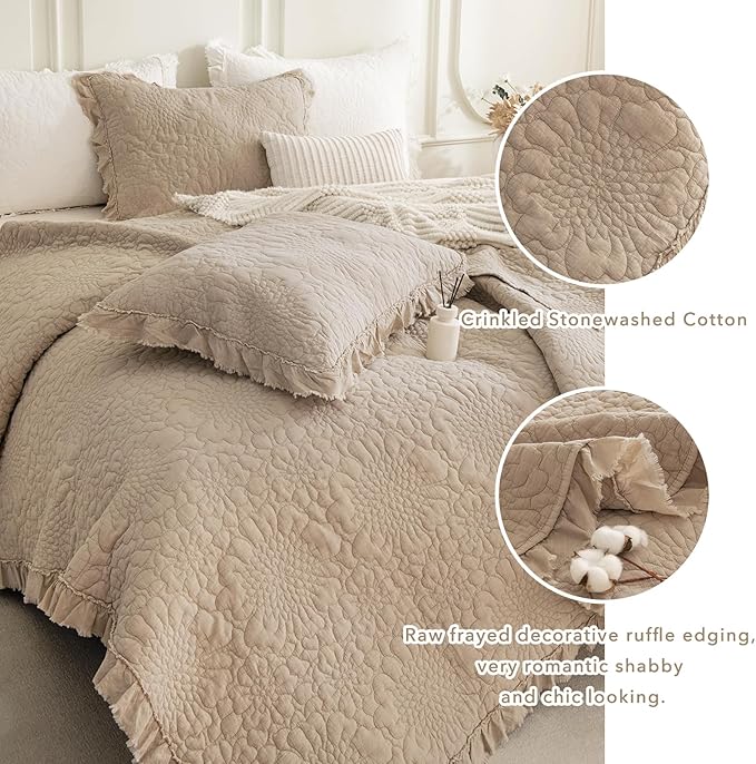 QSH 3PCs Dark Wheat Oversized King Quilt Bedspread Set(120"x120"),Stonewashed Cotton Ruffled Quilt California King,Ultra Soft Lightweight Crinkled Shabby Bedspread Coverlet Bedding Set for All Seasons