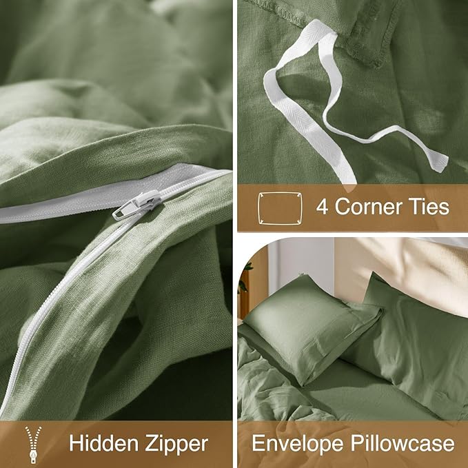SONORO KATE 100% French Linen Duvet Cover King Size, Soft Breathable for Hot Sleepers, Moisture Wicking & Durable Cover Set - Zipper Closure & 4 Corner Ties Duvet Covers 3 Piece (Olive Green,King)