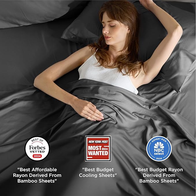 Bedsure Full Size Bed Sheets, Cooling Sheets, Rayon Derived from Bamboo, Breathable & Soft, Deep Pocket Up to 16 Inches, Hotel Luxury Silky Bedding for Hot Sleepers, Grey