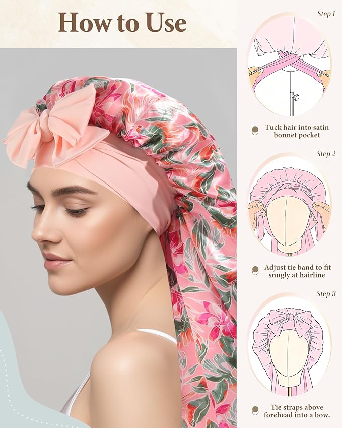 AWAYTR Long Satin Bonnet for Sleeping, Reversible Double Layer Hair Bonnet with Elastic Tie Band (Floral Print+Peach Pink)