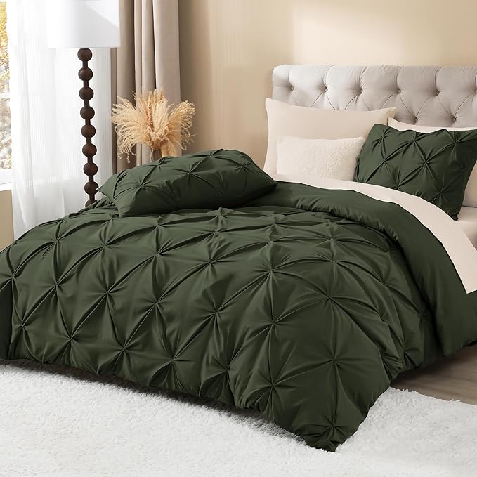 Litanika Olive Green Pinch Pleat Duvet Cover Queen, 3 Pieces Pintuck Soft Microfiber Bedding Set with Zipper Closure & Corner Ties(90x90Inch-1 Duvet Cover, 2 Pillowcases)