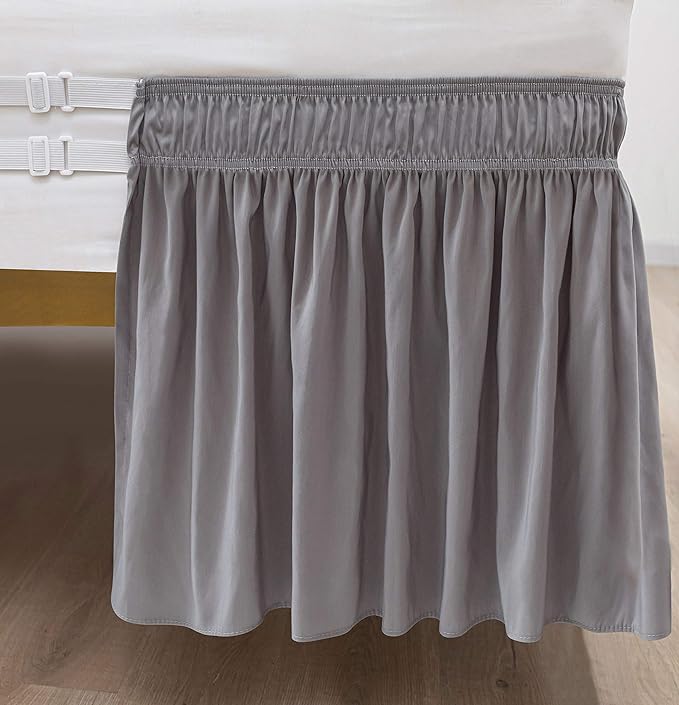 Biscaynebay Wrap Around Bed Skirts for Queen Beds Extra Long Drop of 25", Silver Grey Adjustable Elastic Dust Ruffles Easy Fit Wrinkle Resistant Silky Luxurious Fabric Machine Washable