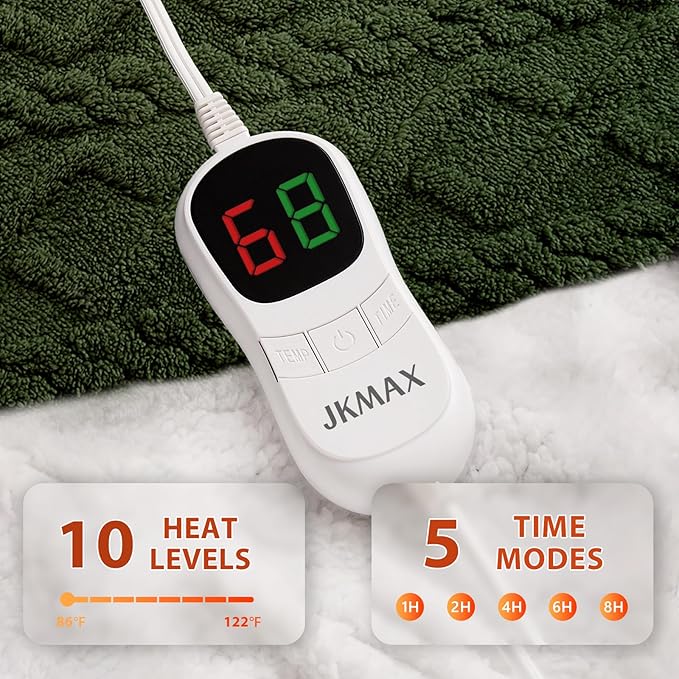 Heated Electric Blanket Full Size-72"x84" Heating Blanket with 10 Heating Levels & 5 Time Settings Over-Heat Protection，Winter Warmer for Adults with ETL Certification（Green）