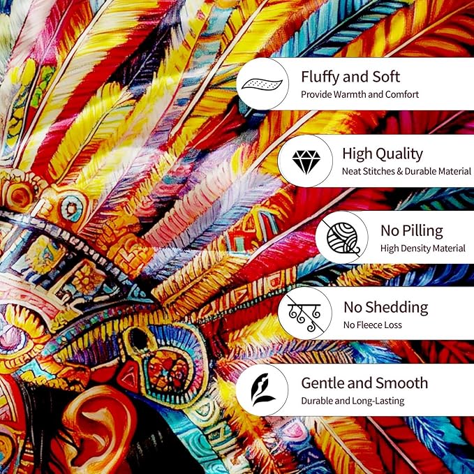 Tribal Throw Blanket with Aztec Warrior for Couch & Bed | Native Style Cozy Soft Fleece Blanket for Living Room, Bedroom & Boho Home Decor | Gift for Men & Women | 40x50 Inches