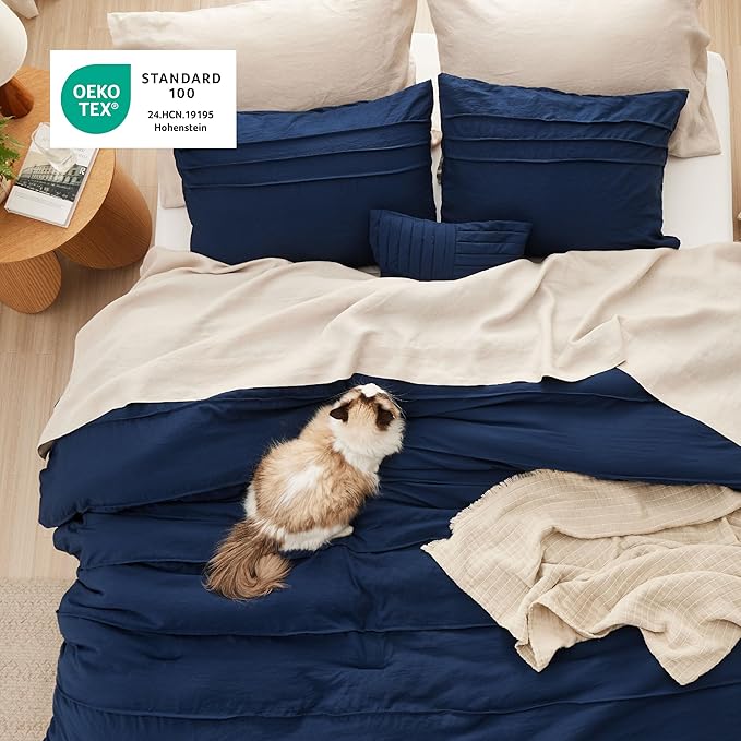 Bedsure Navy Blue California King Comforter Set - 4 Pieces Pinch Pleated Bed Set, Down Alternative Bedding Sets for All Season, Includes 1 Comforter, 2 Pillowcases, and 1 Decorative Pillow