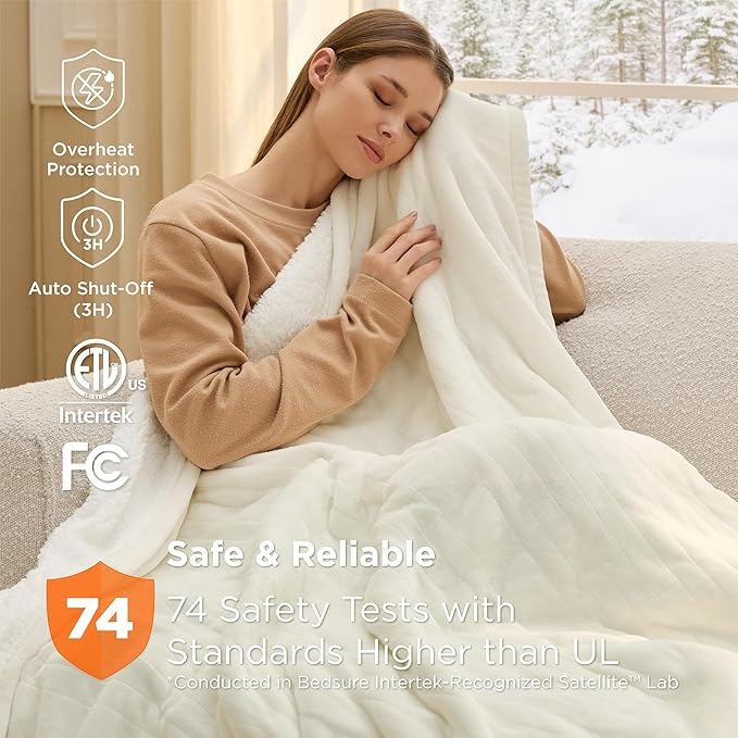 Bedsure Heated Blanket Throw Blanket - Fast Heating Electric Blanket, Soft Flannel Heated Throw with 4 Time Settings, 6 Heating Settings, Warm Gifts for Grandma (50x60 inches, Ivory)