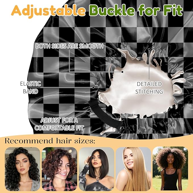 2 PCS Bonnets for Women Girls Satin Hair Bonnet Silk Adjustable Elastic Double Layer Hair Wrap Sleep Cap Comfort Cute-Purple Black Checkered