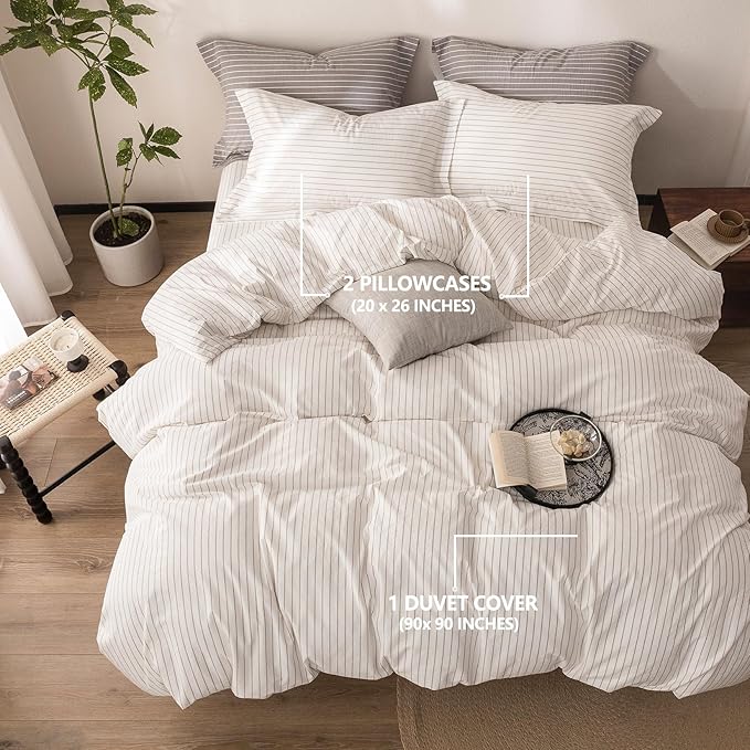 Stripe Duvet Cover Queen Size 90inch x 90inch,100% Washed Cotton Linen Feel Pinstripe Duvet Cover with Zipper Closure and 2 Pillowcases, Color of Off White and Linen Grey Stripe