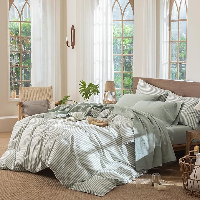 MooMee Bedding Sheet Set 100% Washed Cotton Linen Like Textured Breathable Durable Soft Comfy (Heathered Sage Green, Twin)