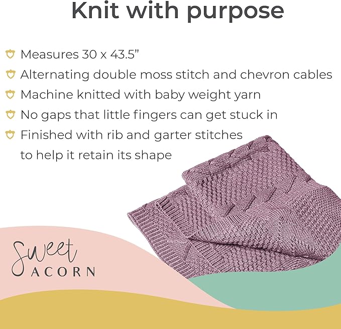 Knit Baby Blanket in Cable Pattern, Organic Cotton Blankets for Crib or Stroller, Receiving Blankets - Lilac Purple