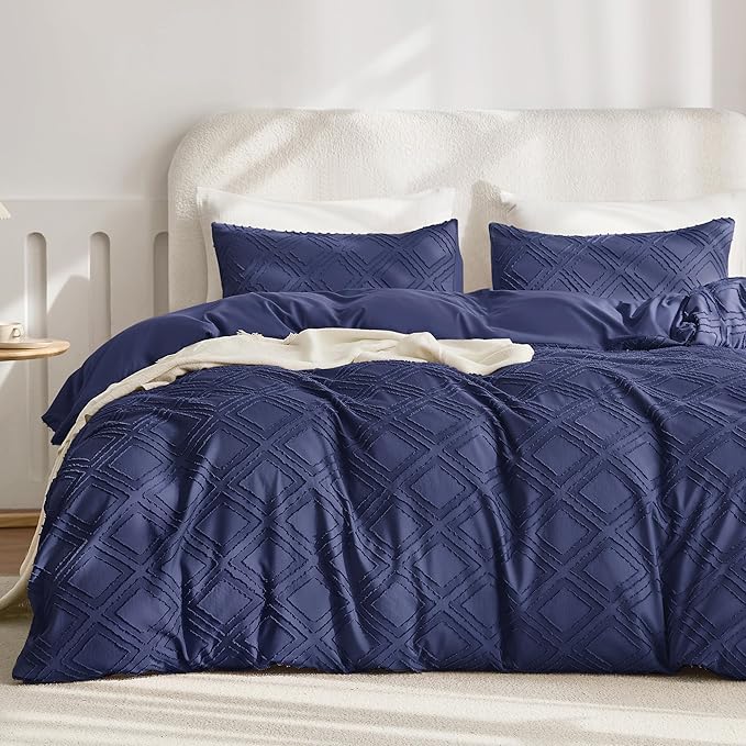 JELLYMONI Duvet Cover Full Size Navy Blue - 3PCS Boho Duvet Cover Set Plaid Polyester Tufted Bohemian Jacquard Knit Textured Comforter Cover 80×90in Rhombic Geometric Pattern Corner Ties & Zipper