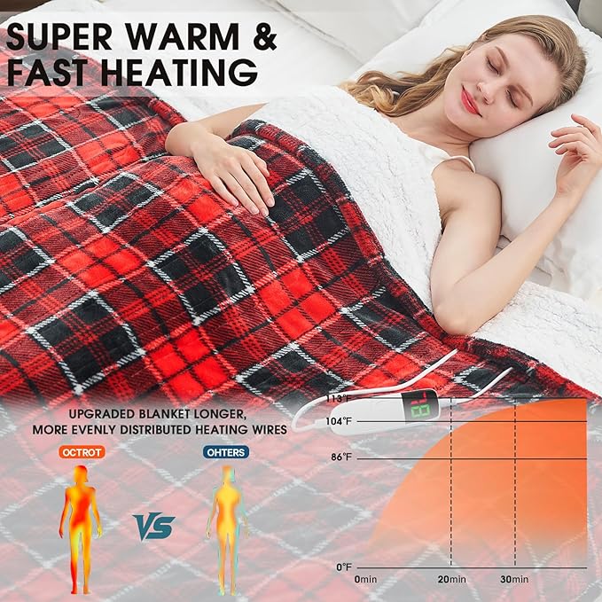 OCTROT Heated Blanket Electric Throw 50X60, Christmas Heating Throw Gift with 10 Heating Levels & 8 Hours Auto Off, Red Plaid Checkered Sherpa Blanket Warmer for Adults, Couch Bed Office Use