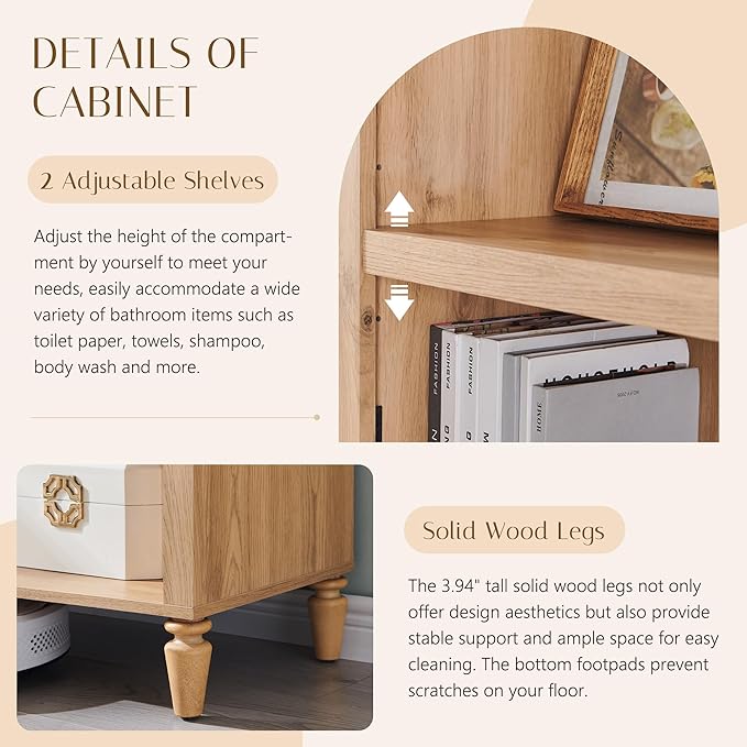 76" Tall Arched Bathroom Storage Cabinet, 5 Tiers Narrow Farmhouse Arched Cabinet w/Adjustable Shelves, Modern Wooden Storage Cabinet for Bathroom, Living Room, Entryway, Study Room (Natural)