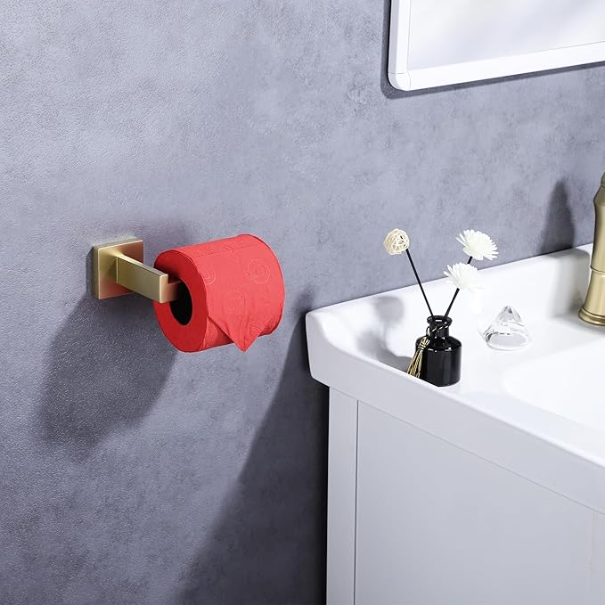 LANC Gold Toilet Paper Holder, Brushed Gold Toilet Paper Roll Holder Wall Mounted for Bathroom Kitchen RV Modern Toilet Tissue Holder Dispenser Rustproof SUS304 Stainless Steel Right, A8807BG