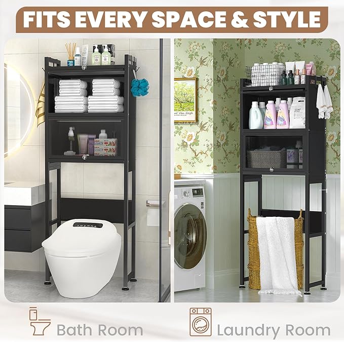 ZZL Over The Toilet Storage Cabinet,3-Tier,Bathroom Toilet Organizer,Waterproof, Cabinet Door Design,Freestanding Space Saver with 4 Hooks for Bathroom,Black