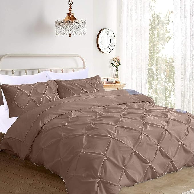 Pinch Pleated Duvet Cover Set 100% Cotton 3PC Super King Plus Size 120x120 Duvet Cover Set, Decorative Pinch Design Taupe Duvet Cover with Matching Pillow Case