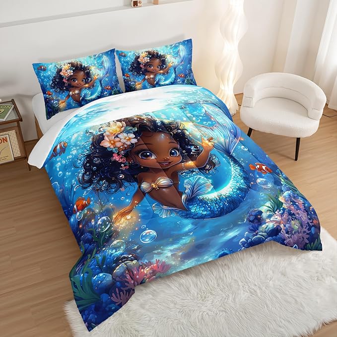 Black Little Mermaid Pattern Full Comforter Set,Underwater World Ocean Themed Bedding Sets for Kids Toddlers Girls Boys Room Decor,Princess Bedding with 2 Pillowcases.