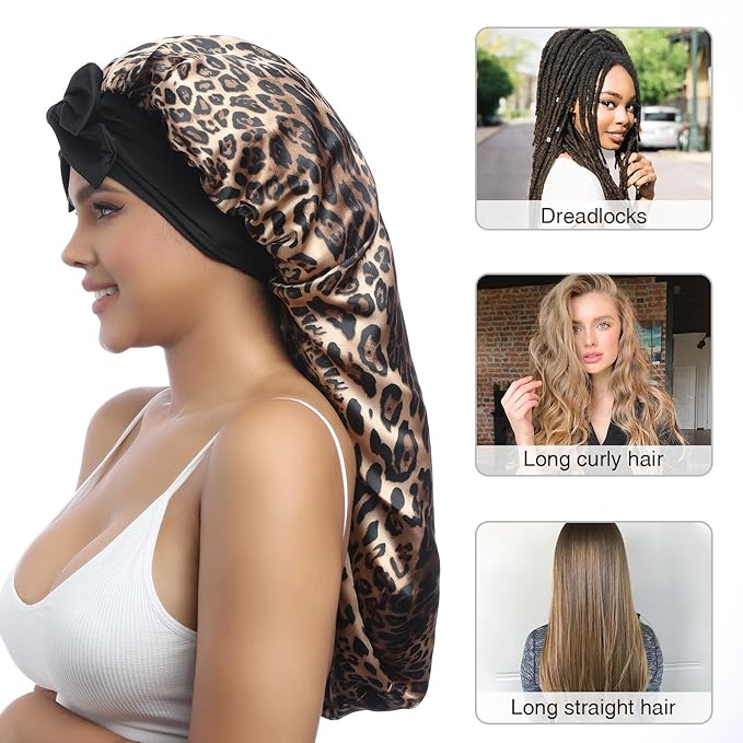 AWAYTR Long Satin Bonnet for Women - Double Layer Elastic Silk Bonnet for Braids Hair Sleeping Cap with Tie Band (Leopard)