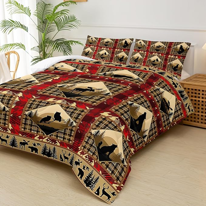 Red and Black Plaid Comforter Set Queen，Queen Size Bedding Set Animal Print，Rustic Farmhouse Quilt Bedding Sets Queen，Animal Print Bedroom Decor，with 1 Comforter with 2 Pillow Case