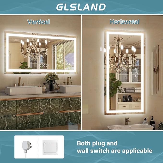 GLSLAND LED Bathroom Mirror - 55"x30" Anti-Fog Lighted Wall Mirrors with Memory Function, Dimmable, Frontlit & Backlit, Horizontally/Vertically, Tempered Glass