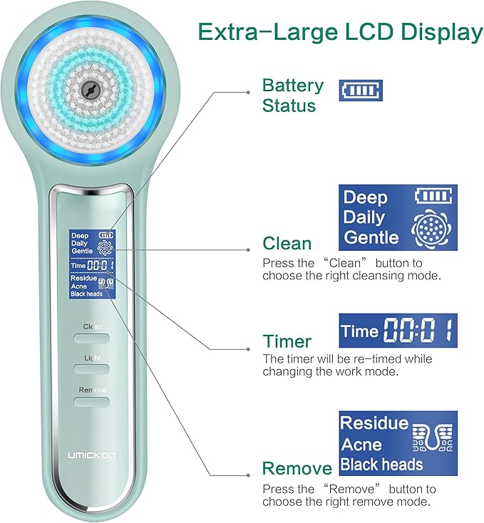 Face Scrubber Exfoliator,Facial Cleansing Brush Waterproof with LCD Screen,Blackhead Remover Vacuum with 5 Brush Heads,Face Spin Brush for Exfoliating (Green)