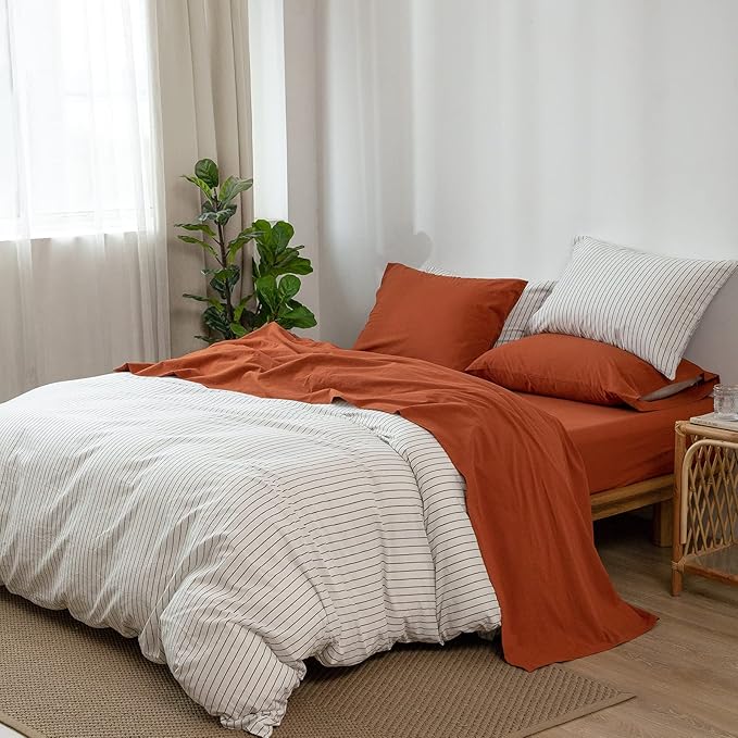 MooMee Bedding Sheet Set 100% Washed Cotton Linen Like Textured Breathable Durable Soft Comfy (Solid Rust Brown, Twin XL)