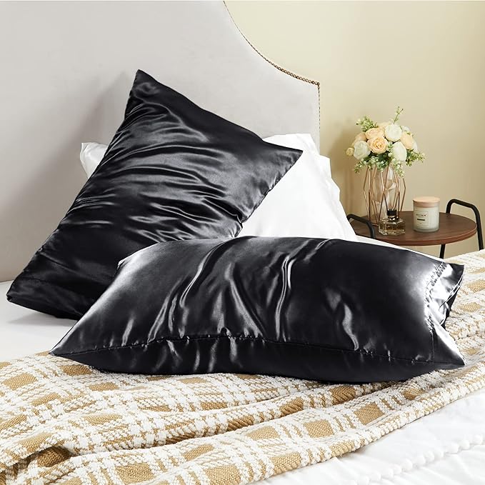 BEDELITE Satin Pillowcase for Hair and Skin, Super Soft and Cooling Similar to Silk Pillow Cases 2 Pack with Envelope Closure, Gift for Women Men(20"x26" Standard Size, Black)