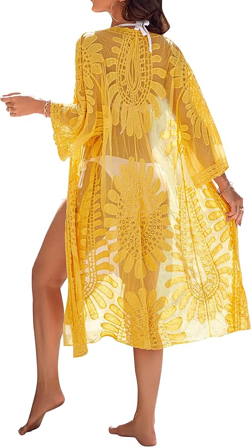 Blooming Jelly Womens Bathing Suit Cover Up 3/4 Sleeve Mesh Swimsuit Coverup Long Floral Beach Lace Kimono Summer Cardigan