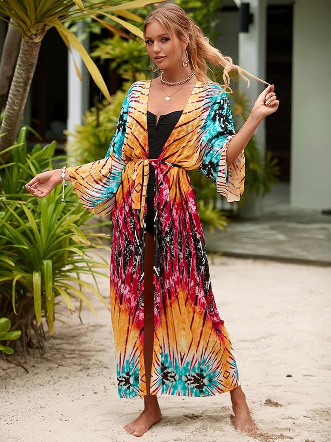 Women Casual Open Front Lightweight Cardigan Long Beach Kimono Cover Up