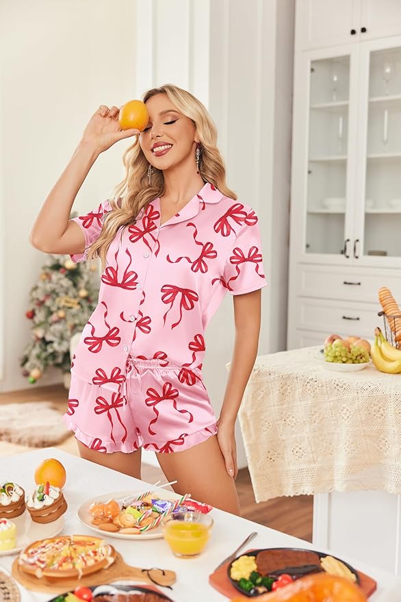 HOTOUCH Womens Satin Pajamas Set Button Down 2 Piece Silk Pjs Shorts Set Ruffle Lingerie Notch Collar Sleepwear